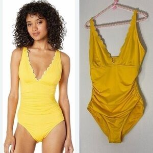 Kate Spade yellow and white scalloped 1 piece swimsuit
